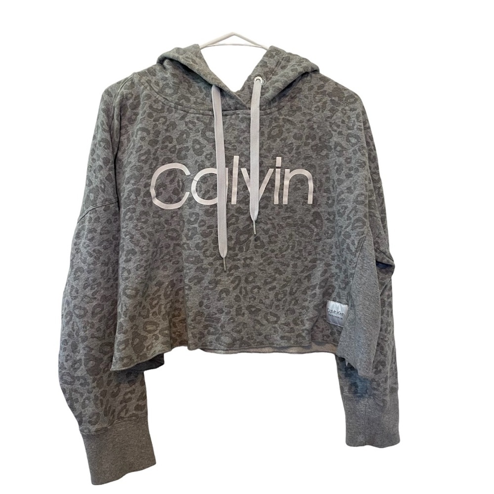 CALVIN KLEIN PERFORMANCE Gray Animal Print Hooded Cropped Sweater
